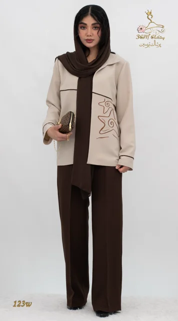 نمای جلو ست کت و شلوار کرپ مازراتی کجراه قهوهای - شکلاتی تریسین | Blazer and Trousers Set