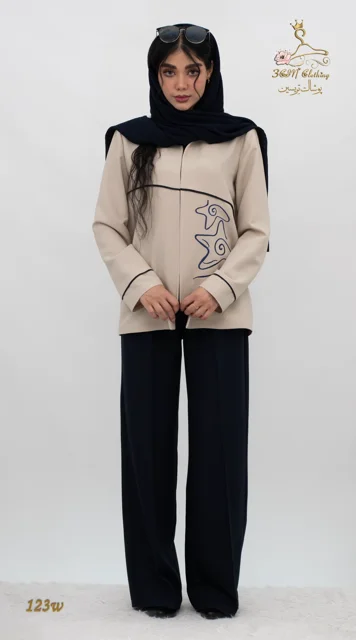 نمای جلو ست کت و شلوار لینن ایرانی طوسی تریسین | Blazer and Trousers Set