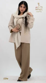 نمای جلو ست کت و شلوار کرپ مازراتی کج‌راه خنثی - موکا روشن تریسین | Blazer and Trousers Set