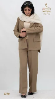 نمای جلو ست کت و شلوار کرپ مازراتی کج‌راه قهوه‌ای - موکا تریسین | Blazer and Trousers Set