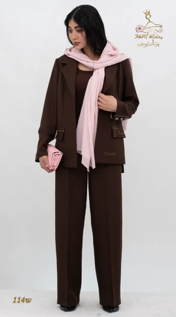 نمای جلو ست کت و شلوار کرپ مازراتی کجراه قهوهای تیره تریسین | Blazer and Trousers Set