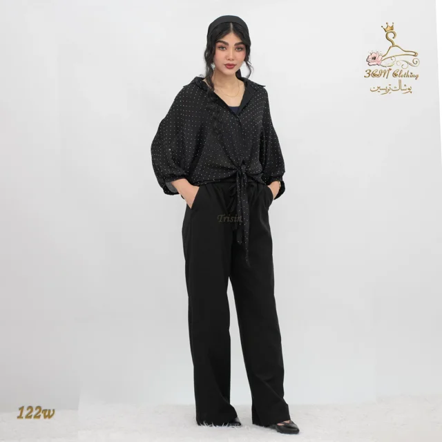 نمای استایل کامل شلوار پارچه‌ای لینن ایرانی مشکی تریسین | Trisin Fabric Pants Black Iranian Linen