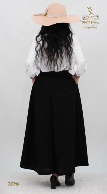نمای پشت دامن بلند لینن ایرانی مشکی تریسین | Maxi Skirt