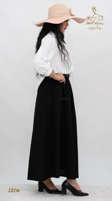 نمای بغل راست دامن بلند لینن ایرانی مشکی تریسین | Maxi Skirt