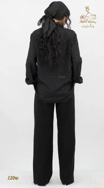 نمای پشت شومیز وال اسلب نگینی مشکی تریسین | Trisin Shirt Blouse Black Wall Slub Negini