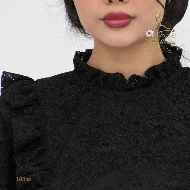 نمای جلو یقه شومیز دانتل مشکی تریسین | Trisin Shirt Blouse Black Lace