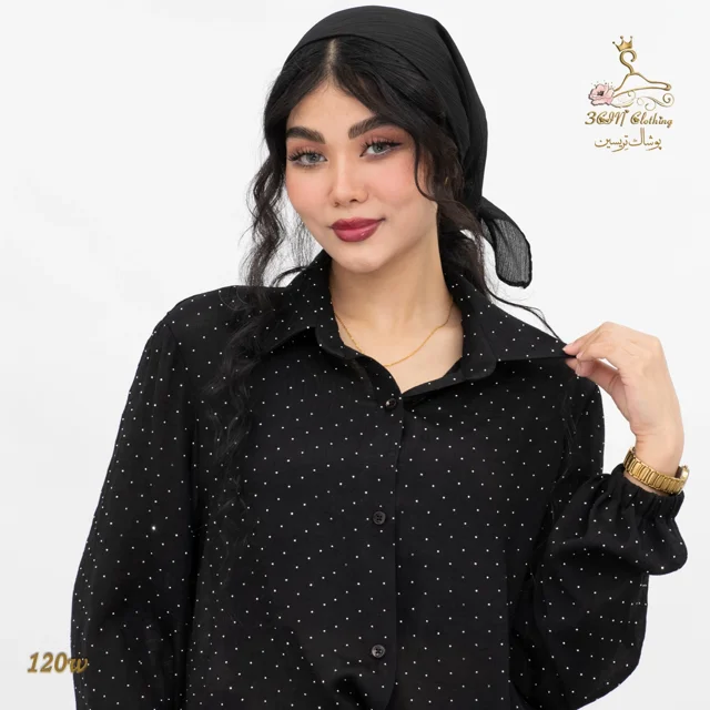 نمای جلو شومیز وال اسلب نگینی مشکی تریسین | Trisin Shirt Blouse Black Wall Slub Negini