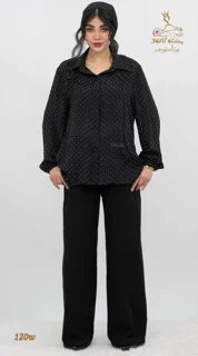 نمای استایل کامل شومیز وال اسلب نگینی مشکی تریسین | Trisin Shirt Blouse Black Wall Slub Negini