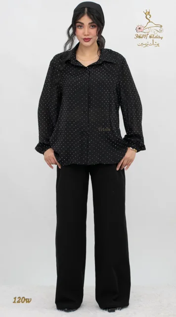 نمای استایل کامل شومیز وال اسلب نگینی مشکی تریسین | Trisin Shirt Blouse Black Wall Slub Negini