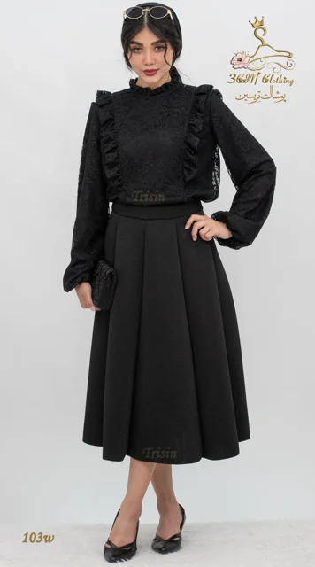 نمای استایل کامل شومیز دانتل مشکی تریسین | Trisin Shirt Blouse Black Lace