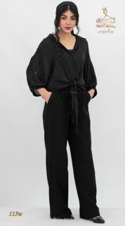 نمای استایل کامل شومیز وال اسلب نگینی مشکی تریسین | Trisin Shirt Blouse Black Wall Slub Negini
