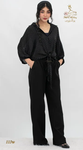 نمای استایل کامل شومیز وال اسلب نگینی مشکی تریسین | Trisin Shirt Blouse Black Wall Slub Negini
