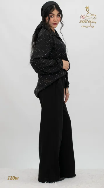 نمای بغل راست شومیز وال اسلب نگینی مشکی تریسین | Trisin Shirt Blouse Black Wall Slub Negini