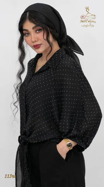 نمای بغل چپ شومیز وال اسلب نگینی مشکی تریسین | Trisin Shirt Blouse Black Wall Slub Negini