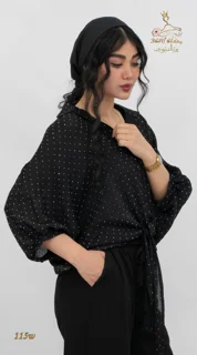 نمای بغل راست شومیز وال اسلب نگینی مشکی تریسین | Trisin Shirt Blouse Black Wall Slub Negini