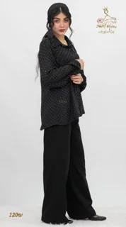 نمای ۳/۴ جلو شومیز وال اسلب نگینی مشکی تریسین | Trisin Shirt Blouse Black Wall Slub Negini