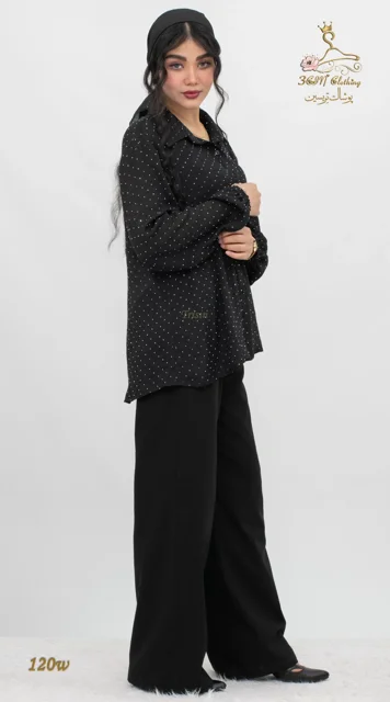 نمای ۳/۴ جلو شومیز وال اسلب نگینی مشکی تریسین | Trisin Shirt Blouse Black Wall Slub Negini