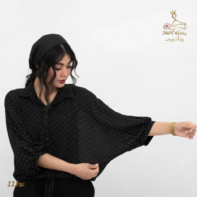 نمای آستین شومیز وال اسلب نگینی مشکی تریسین | Trisin Shirt Blouse Black Wall Slub Negini