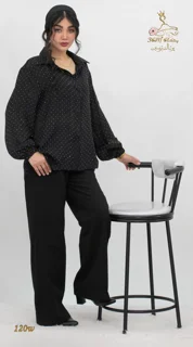 نمای ظاهری استایل‌دار شومیز وال اسلب نگینی مشکی تریسین | Trisin Shirt Blouse Black Wall Slub Negini