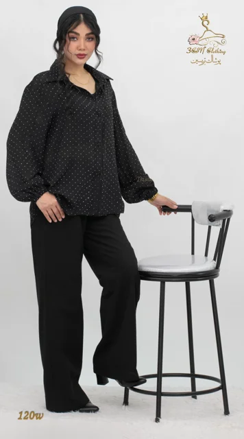 نمای ظاهری استایل‌دار شومیز وال اسلب نگینی مشکی تریسین | Trisin Shirt Blouse Black Wall Slub Negini