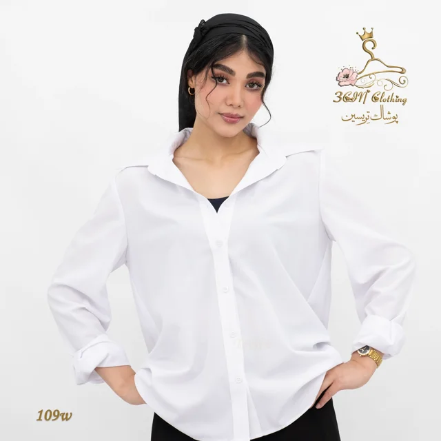 نمای جلو شومیز داکرون سفید تریسین | Trisin Shirt Blouse White Dacron fabric