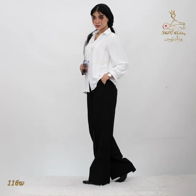 نمای ۳/۴ جلو چپ شومیز ابر و بادی نخی سفید برفی تریسین | Shirt Blouse