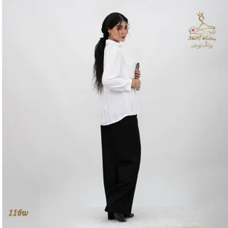 نمای ۳/۴ جلو راست شومیز ابر و بادی نخی سفید برفی تریسین | Shirt Blouse