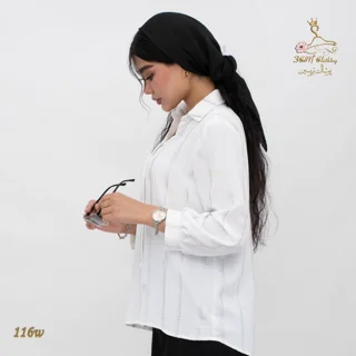 نمای بغل چپ شومیز ابر و بادی نخی سفید برفی تریسین | Shirt Blouse